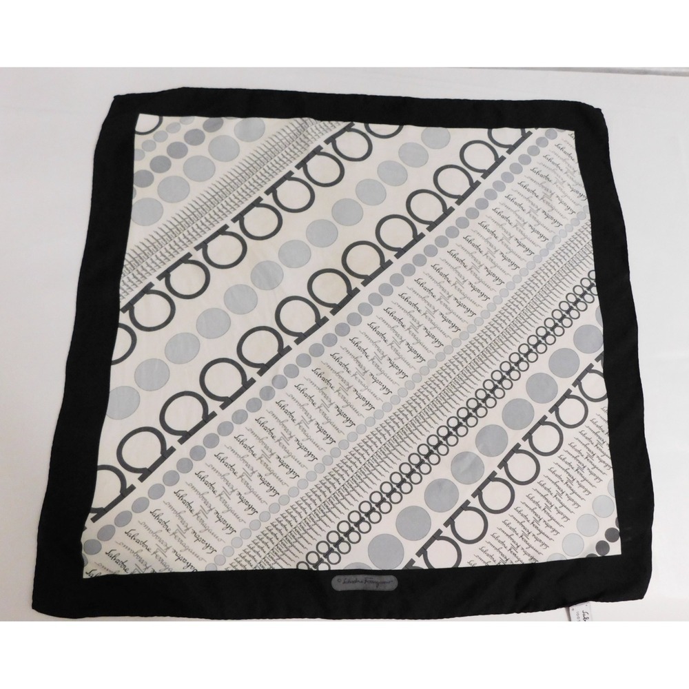 Salvatore Ferragamo Black White Logo Gancini Silk Scarf Italy 19.5 x 19.5 inches